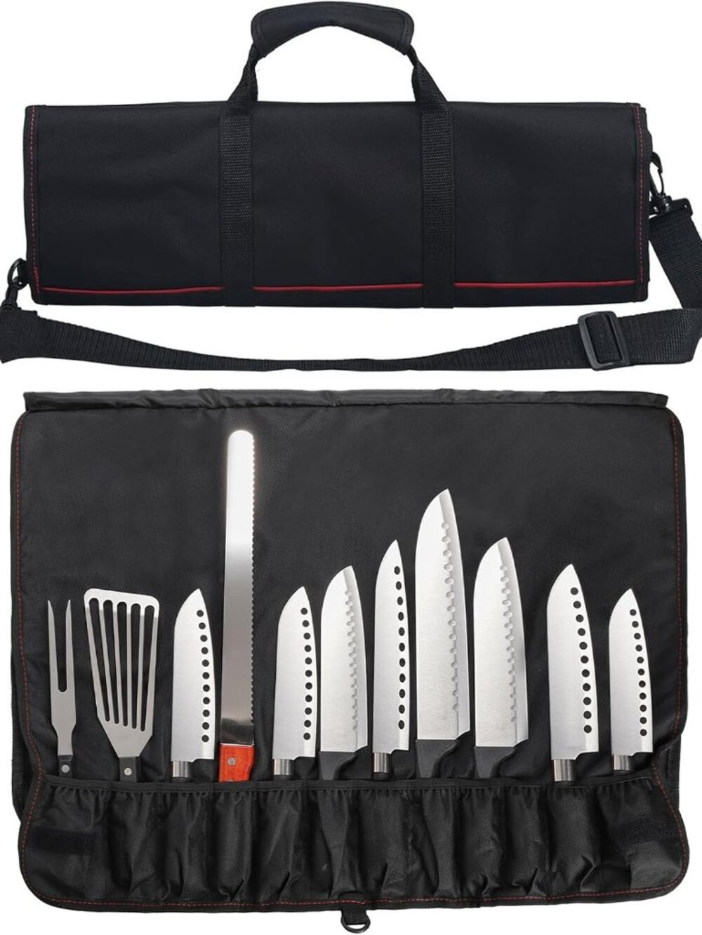 Chef Knife Case Roll Bag with 21 Slots & 1 Large Zipper Pocket, Easy Carry Handl